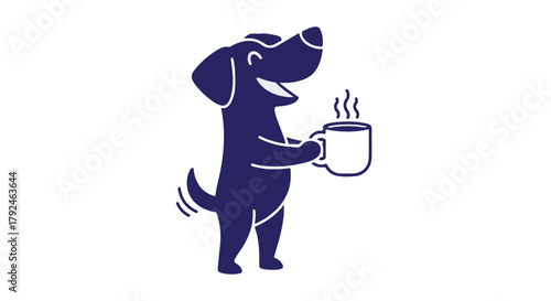 Cheerful cartoon dog character mascot holding a steaming hot coffee mug icon. isolated on Transparent Background