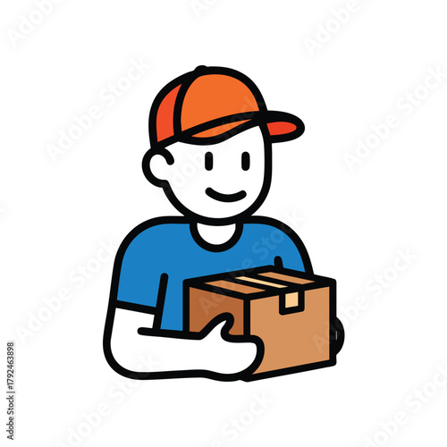 Smiling delivery man in an orange cap and blue shirt holding a cardboard package.