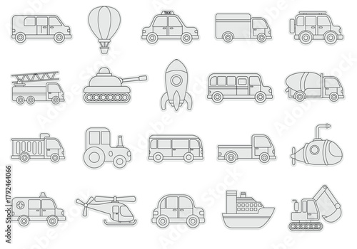 Transportation and Vehicle Coloring Page Vector Set