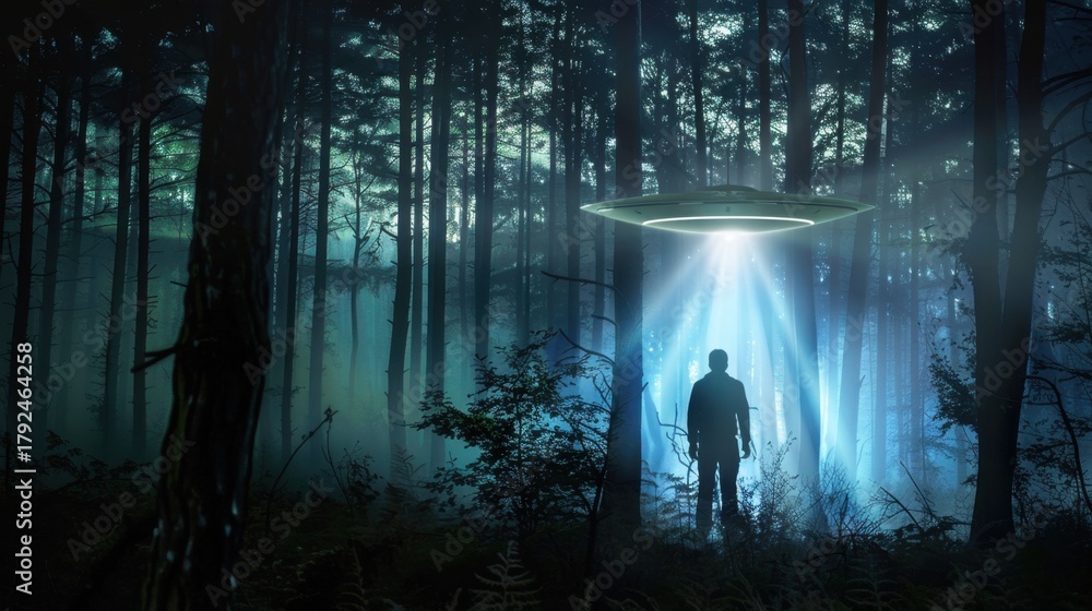 Fototapeta premium A silhouette of a man stands in a dark forest, illuminated by a beam of light from a hovering UFO. The scene conveys themes of mystery and extraterrestrial life.