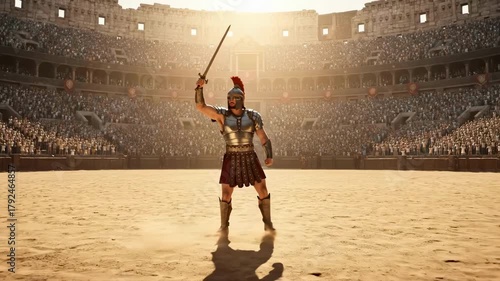 A roman gladiator warrior enters a coliseum arena for battle. The fighter raises his sword in victory to a cheering crowd. Ancient history and strength concept
