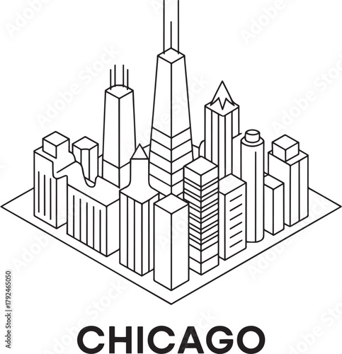 Chicago illinois usa isometric city architecture vector illustration line art graphic element downtown block