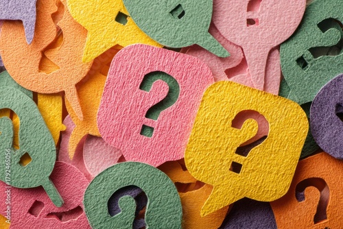 Colorful Question Mark Speech Bubbles: Bright Foam Cutouts Show Curious Inquiries and Playful Communication for Creative Learning and Visual Content
