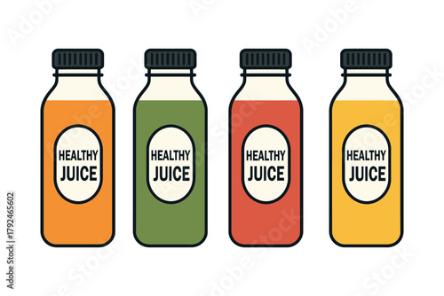 Four colorful bottles of healthy juice with white labels and black caps