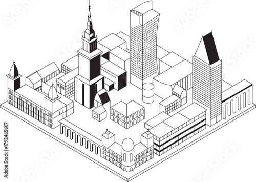 Warsaw poland isometric 3d city blocks view urban map drawing vector illustration skyline