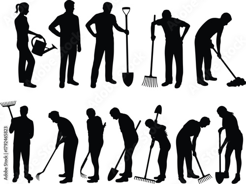 gardening, silhouette, people, tools, outdoor, activity, shovel, rake, hoe, watering, pitchfork, planting, nature, work, black, outline, labor, group, garden, motion