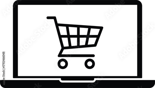 Laptop with shopping cart icon on screen on white background trolley online