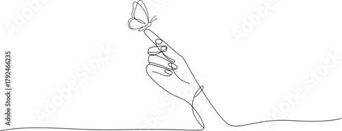 Delicate connection, a butterfly lands gently on a fingertip in minimalist line art