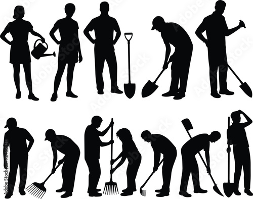 Gardening silhouettes, people with tools, outdoor activity, planting scene, black shapes, garden work, nature care, silhouette illustration, rural lifestyle, horticulture tasks