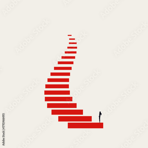 Vector illustration of a businesswoman silhouette standing at the bottom of a high winding staircase, symbolizing ambition, career challenges, and the long path to success.