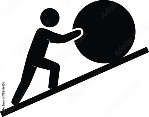 Silhouette of a person pushing a large ball up an incline sphere uphill