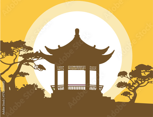 Traditional Asian pagoda silhouette at sunset, serene landscape with trees, oriental temple pavilion design, peaceful nature, cultural heritage background illustration