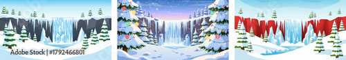 Snowy landscape with frozen waterfall and pine trees in winter, background, vector, set  