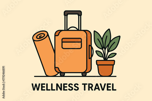 Orange suitcase with yoga mat and potted plant for wellness travel