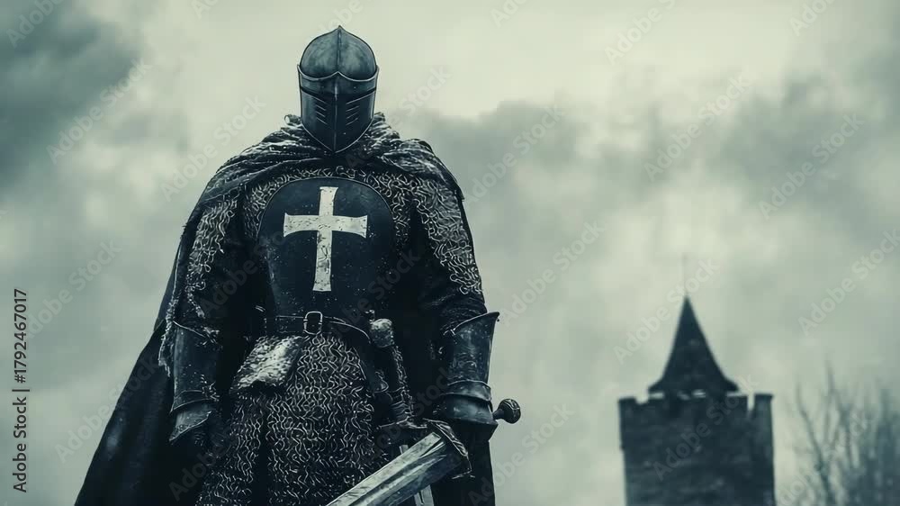 Majestic Knight in Armor Against Stormy Sky