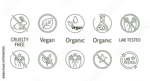Line art vector icons for natural product certification, cruelty free, vegan, and organic labeling symbols isolated on Transparent Background
