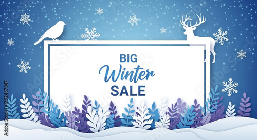 Big Winter Sale banner with snowflakes, deer, and bird silhouettes. Seasonal discount vector illustration. Vector illustration for a winter sale promotion, featuring paper-cut style snow and animals.