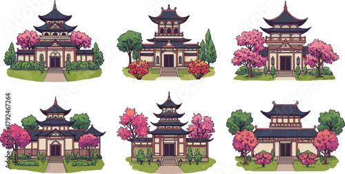 Traditional Japanese and Chinese temple collection, pagoda architecture with cherry blossoms, Asian cultural buildings, spring landscape vector illustration design
