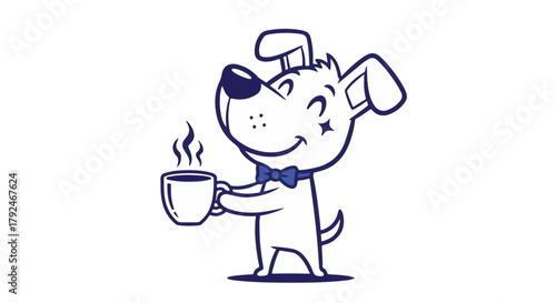 Friendly cartoon dog character with bowtie holding a steaming coffee mug logo design. isolated on Transparent Background