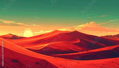 Fototapeta Naklejka Na Ścianę i Meble -  A vibrant illustration of red sand dunes under a yellow sun and teal sky, evoking a feeling of warmth