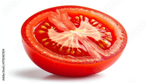 Wallpaper Mural A vibrant, juicy, half-cut tomato displays its inner structure with visible seeds against a bright white background Torontodigital.ca
