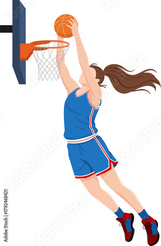 Female Basketball Player Slam Dunk, Woman Athlete Performing a Layup or Dunk