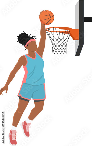 Black Female Basketball Player Performing a Dunk, Woman Athlete Scoring with a Slam Dunk