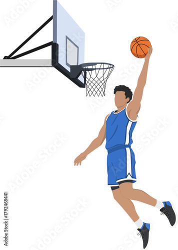 Male Basketball Player Performing a Slam Dunk, Man Athlete Scoring with a Dunk