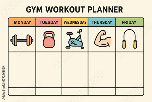 Weekly gym workout planner with exercise icons and day labels