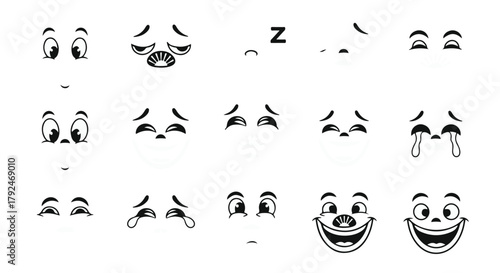 Black and white vector cartoon eyes and facial expressions set for animation and character design isolated on Transparent Background