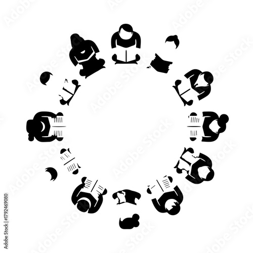 An abstract depiction of a cohesive group of individuals engrossed in reading, symbolizing shared knowledge, collaborative learning, and intellectual pursuit