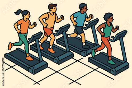 Diverse group of people running on treadmills in a gym class