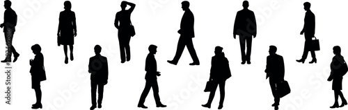 Business people silhouettes walking, corporate professionals standing, teamwork and communication concept, office workers in motion, business travel, leadership, success, collaboration