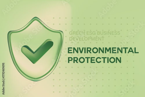 Abstract 3D glass texture security shield with glowing check mark icon, environment protection, green sustainability business, blurred gradient background with copy space. Digital ESG development