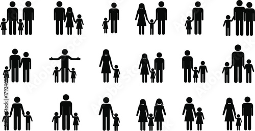 Family diversity icons, inclusive silhouettes, modern family structures, single parents, same-gender couples, children combinations, black pictograms, social unity, parenting symbols
