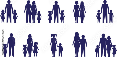 Family silhouettes, diverse family groups, parents and children, family structure, social diversity, family unity, generational bond, family icon set, inclusive family illustration