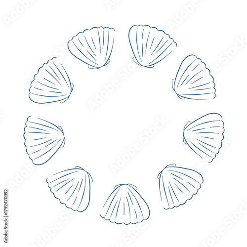 Scallop seashell wreath in line art style. Underwater design for seafood menu restaurant isolated on a white background.
