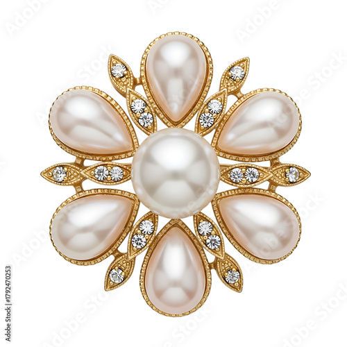 Gold Brooch with Pearls and Diamonds in Flower Design jewelry isolated on a transparent background