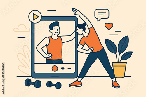 Person following online fitness video workout on smartphone at home