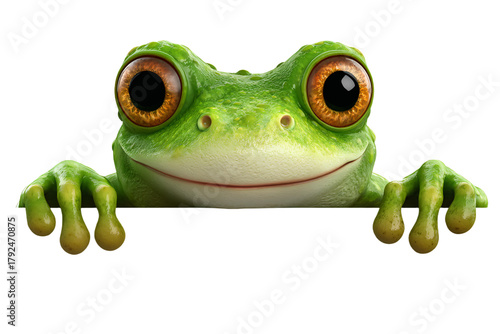 a frog with big eyes peeking over a sign