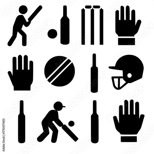 A graphic art composition of monochrome cricket symbols — including a swinging batter, cricket ball, gloves, bats, and stumps — evenly spaced in a structured grid on a white canvas. The style is sleek