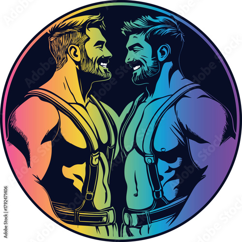 Joyful date two cheerful gay men bears with naked torso. Round neon lgbt print on t-shirt (vector)