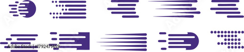 Purple motion line shapes  speed, movement, and progress. Each dynamic element creates a futuristic and energetic visual effect. Perfect for tech, automotive, or sports-themed graphics and 