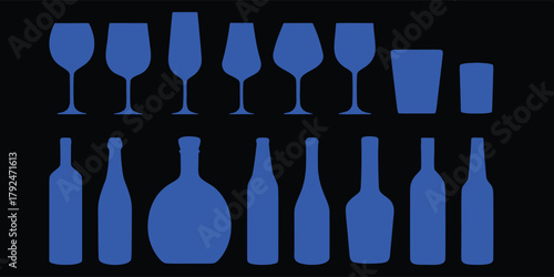 Silhouettes of various  and bottles in blue on a dark background. Includes wine glasses, tumblers, and assorted bottles in different shapes. Perfect for bar, restaurant, or beverage design pr
