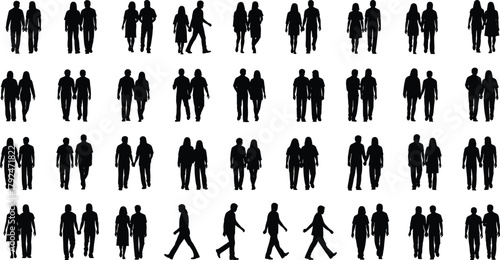 Silhouette, people, walking, standing, crowd, black, figures, group, urban, pedestrian, motion, minimal, icon, demographic, pattern, social, interaction, design, abstract