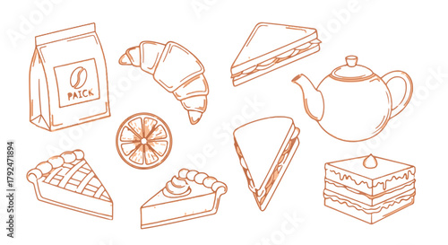 Outline vector collection of coffee shop food, snacks, pastries, and sandwiches isolated on Transparent Background