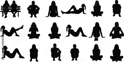 Silhouette, sitting pose, people icon, yoga posture, meditation, relaxed figure, vector, black shape, seated man, woman pose, lifestyle, resting, design element, human form, casual sitting,