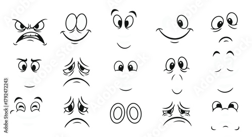 Set of cartoon comic facial expressions and eyes showing various emotional states for animation and design. isolated on Transparent Background
