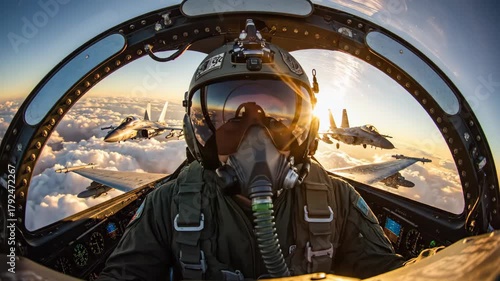 Fighter pilot looking at two f-15 eagle jets flying in formation above clouds during a dramatic sunset, reflecting the sky and aircraft in the helmet visor from the cockpit view