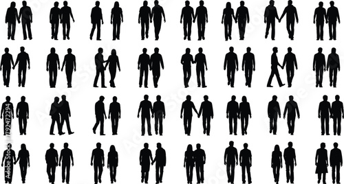 Silhouette, people, walking, together, couple, interaction, companionship, social, behavior, black, figures, grid, pattern, pose, gesture, relationship, unity, motion, human